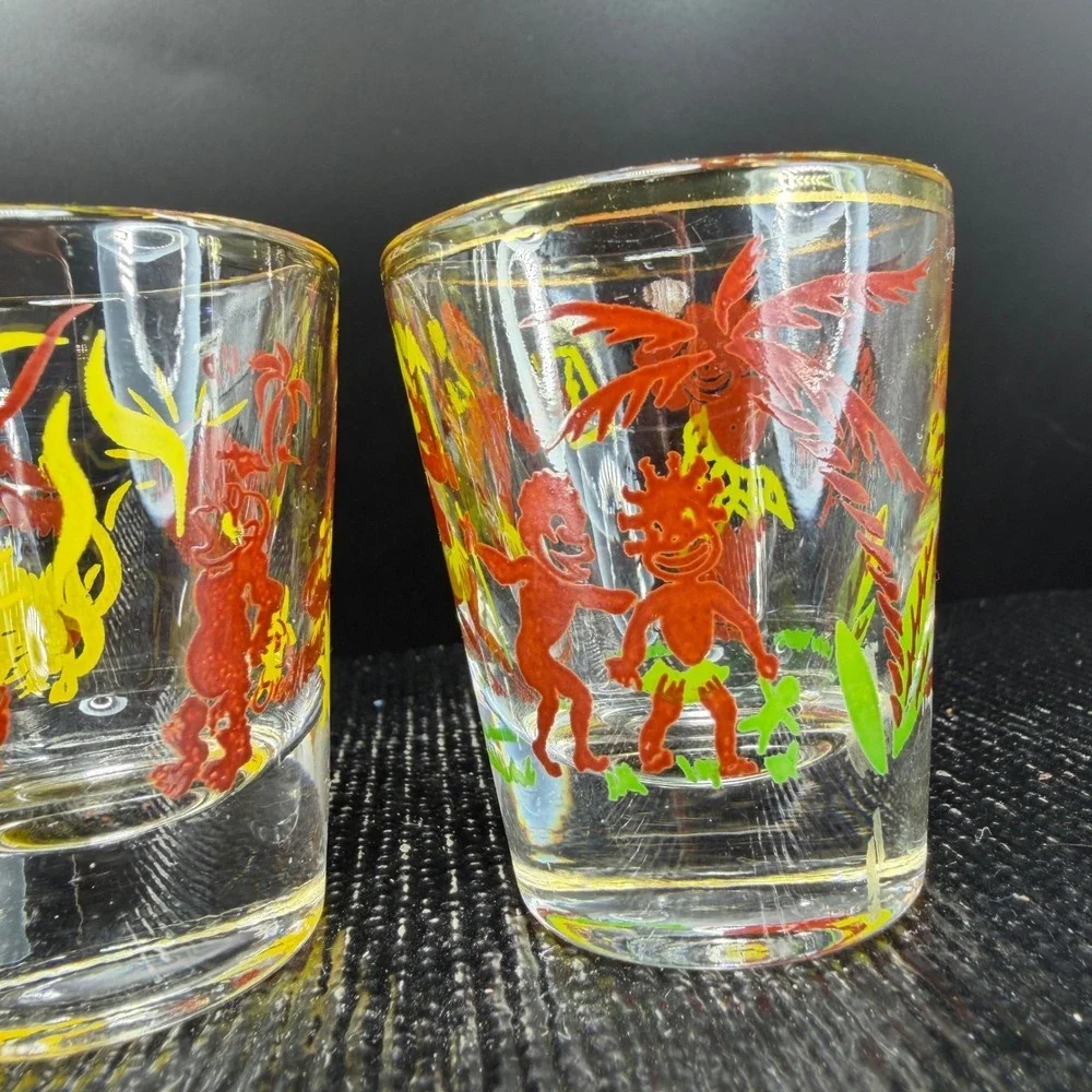 1950s Tiki Shot Glass Set 2 Bottoms Up Heres Looking At You Gold Rim Tropical - Picture 5 of 12